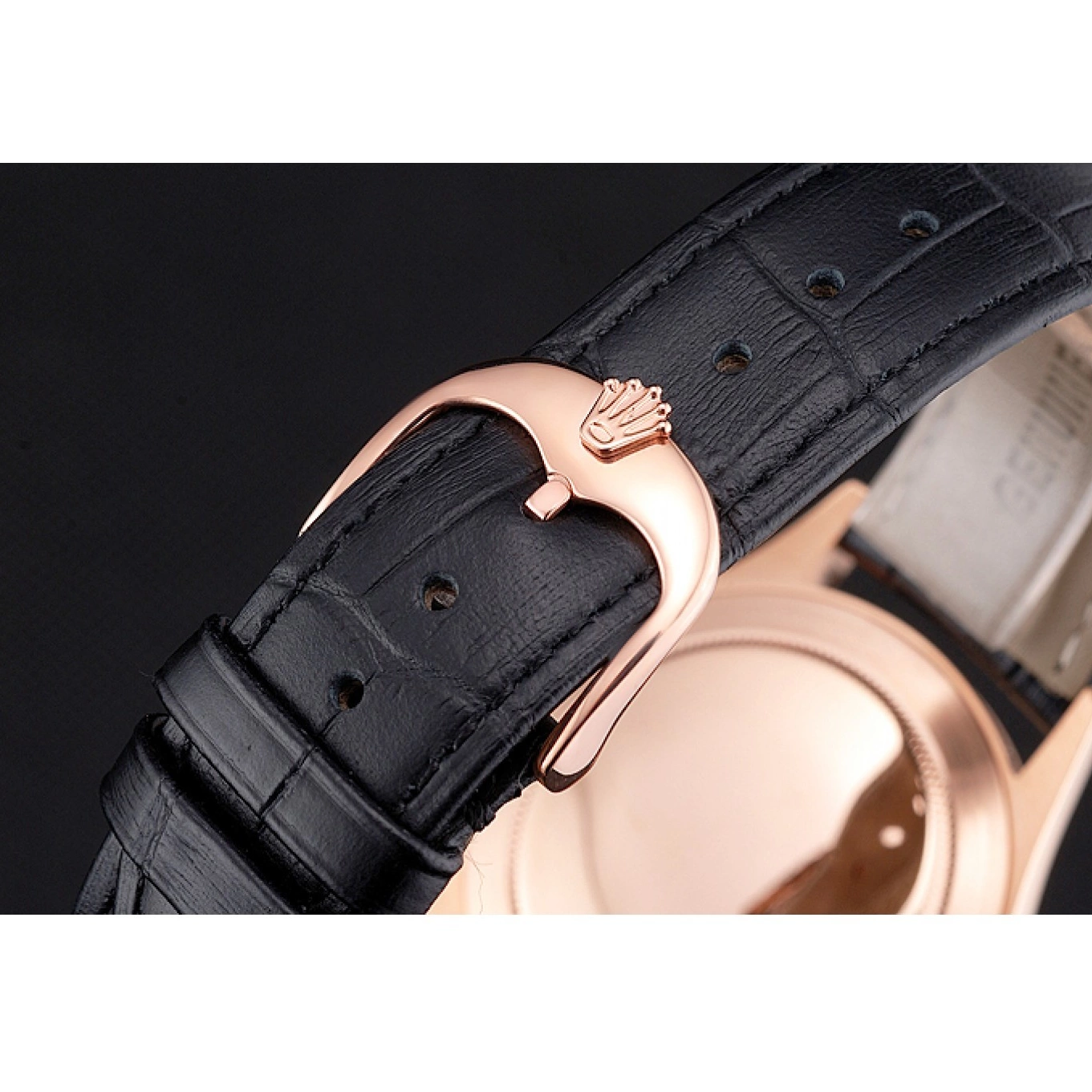 Good copy rolex watches Gold Leather Black Datejust Black Dial Swiss Rose Strap Rolex Case 0822